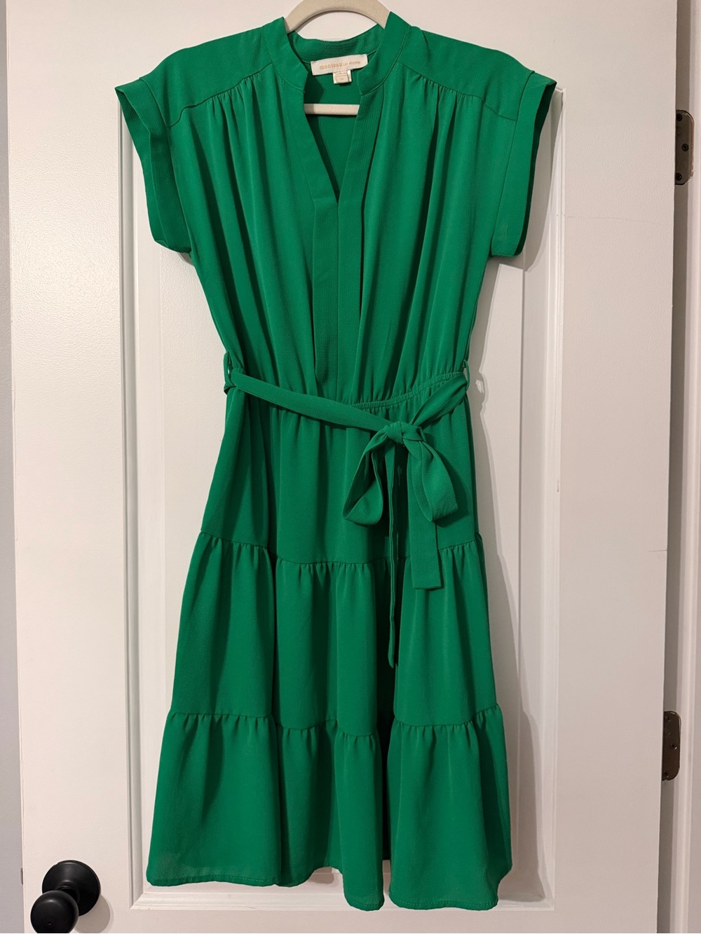 Monteau Emerald Green V-Neck Tiered Dress with Belt